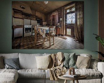 Old kitchen in dilapidated house by Inge van den Brande