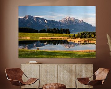 View over the Illersbergsee (Forggensee) towards Neuschwanstein with reflection