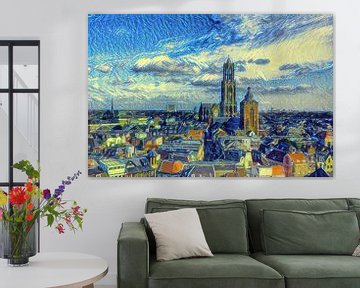 Schilderij Skyline Utrecht met Domkerk in de stijl van Van Gogh van Slimme Kunst.nl