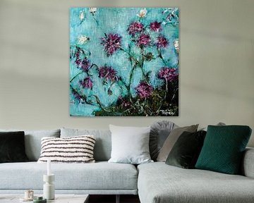 Flower painting with mint background. by Therese Brals