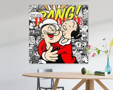 Famous Love Couples - portret van Popeye en Olijfje op een achtergrond van beroemde Stripfiguren’