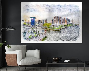 Uitzicht op Rotterdam vanaf de Erasmusbrug (aquarel) van Art by Jeronimo