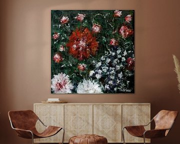 Bloemenschilderij donkergroen.