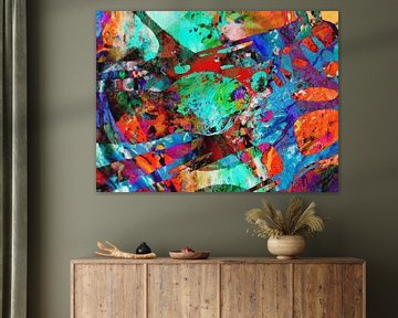 Modern, Abstract Digitaal Kunstwerk in Blauw, Rood, Oranje van Art By Dominic