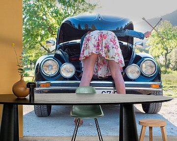 SA11978877 Woman in dress bending over the bonnet of a car by BeeldigBeeld Food & Lifestyle