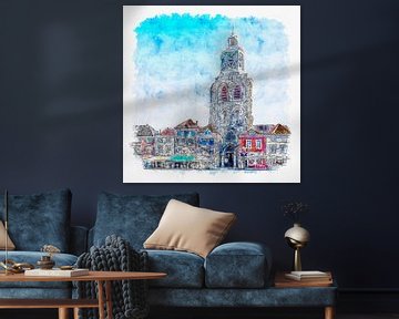 Saint Gertrudis Church / Pepper bus in Bergen op Zoom (watercolor painting) by Art by Jeronimo
