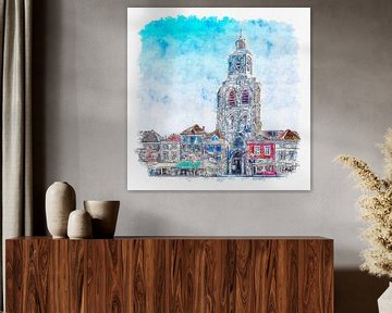 De Sint-Gertrudiskerk / Peperbus in Bergen op Zoom (aquarel) van Art by Jeronimo