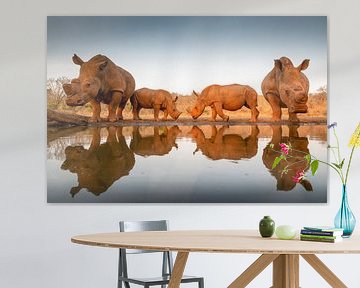 Two baby rhinoceroses with their mothers at a watering hole by Peter van Dam