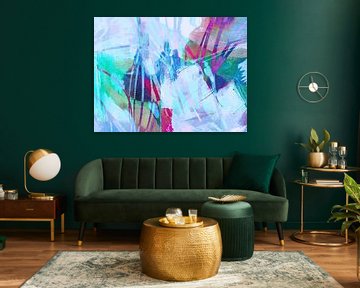 Modern, Abstract Digitaal Kunstwerk in Lichtblauw, Rood, Groen, Roze van Art By Dominic