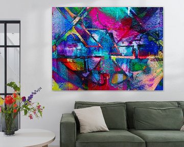 Modern, Abstract Digitaal Kunstwerk in Rood, Blauw, Roze, Paars van Art By Dominic