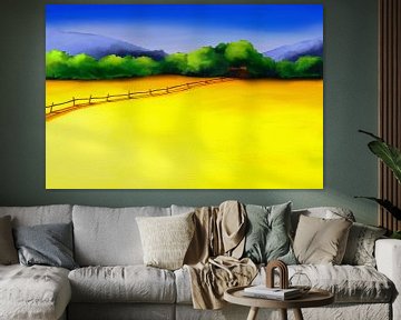 Painting of a colorful landscape with a track through yellow fields