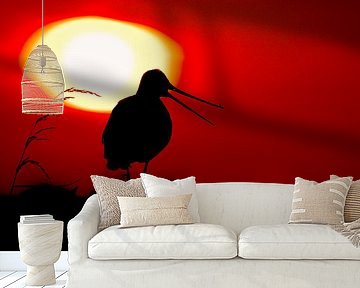 Roepende Grutto met ondergaande zon van Beschermingswerk voor aan uw muur