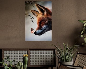 Vos met vlinder op zijn neus in het bos - Natuur - Dieren - Vossen - Insecten van Designer