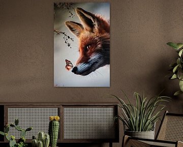 Fuchs mit Schmetterling auf der Nase im Wald von Designer
