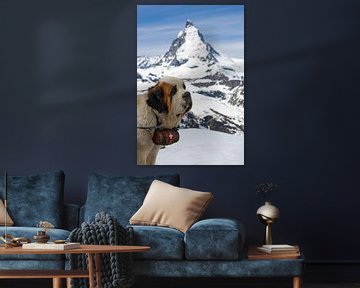 St Bernard hond poserend voor de Matterhorn van Henk Meijer Photography