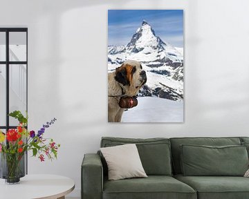 St Bernard hond poserend voor de Matterhorn van Henk Meijer Photography