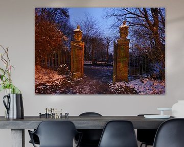 Old Gate in Park Wallanlagen in Winter with snow at dusk, Bremen, Germany, Europe I Old Gate in Park by Torsten Krüger