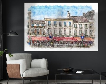 Grand Café Hotel De Bourgondiër & Brasserie Leijnse in Bergen op Zoom (watercolour) by Art by Jeronimo