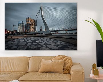 Die schöne Skyline mit der Erasmusbrücke in Rotterdam zur blauen Stunde. von Claudio Duarte