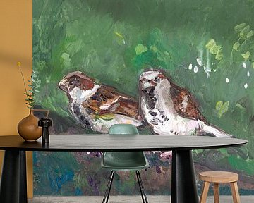 Two sparrows (green) by Tanja Koelemij