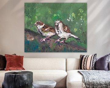 Two sparrows (green) by Tanja Koelemij
