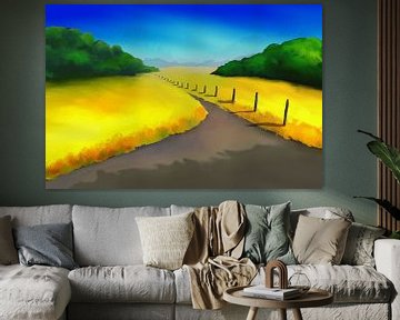 Landscape painting with a hiking path through the fields