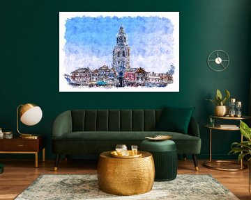 The pepper bus on the Grote Markt in Bergen op Zoom (watercolour) by Art by Jeronimo