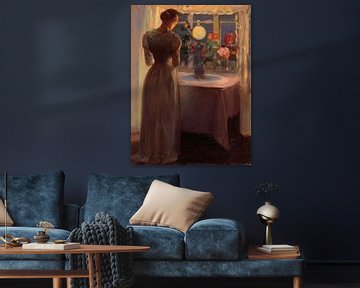 Jong meisje voor een verlichte lamp, Anna Ancher