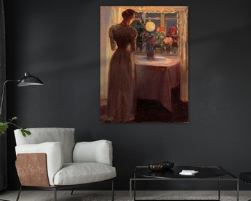 Jong meisje voor een verlichte lamp, Anna Ancher