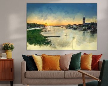 Kleurrijk schilderij zonsondergang Deventer van Arjen Roos