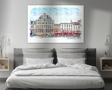 Das Rathaus und das Grand-Café-Hotel De Bourgondiër in Bergen op Zoom (Aquarell) von Art by Jeronimo