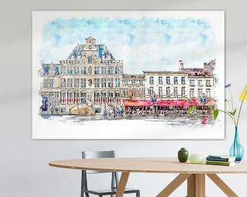 The town hall and grand café hotel De Bourgondiër in Bergen op Zoom (watercolour) by Art by Jeronimo