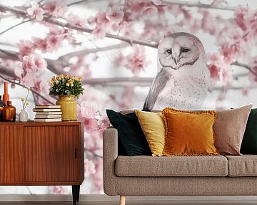 Beautiful Photo of Owl Amidst Spring Blossoms - Perfect for Nature Lovers and Interiors by Elianne van Turennout