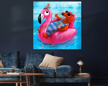 Dackel Tobie schwebt gerne auf seinem rosa Flamingo von Linda van Putten