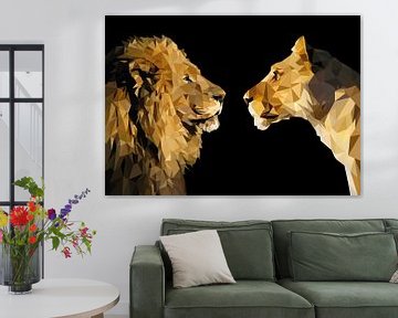 Leeuw en leeuwin, low poly stijl. van Nynke Altenburg