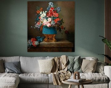 Boeket bloemen in een blauwe porseleinen vaas, Anne Vallayer-Coster