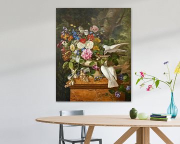 Bloemen in een vaas met twee duiven, François Lepage
