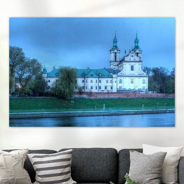Pauline Church on the Rock and Monastery with River Wisla at dusk, Kazimierz, Krakow, Lesser Poland,