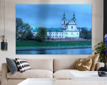 Pauline Church on the Rock and Monastery with River Wisla at dusk, Kazimierz, Krakow, Lesser Poland,