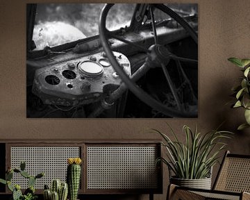 Steering wheel and cab urbex truck black and white by Ger Beekes