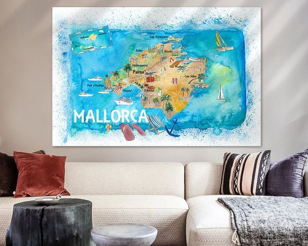 Illustrated map of Mallorca Spain with sights and highlights