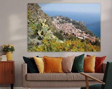 Cactussen op een berghelling, uitzicht op de stad, oude stad met Teatro Antico Greco, Taormina, prov van Torsten Krüger