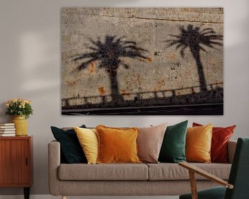 schaduwen van twee palmbomen op de kasteelmuur op Malta van Eric van Nieuwland