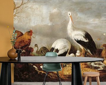 Storks, mallards, chickens, a heron, a frog and other birds in a river landscape, Melchior d'Hondeco