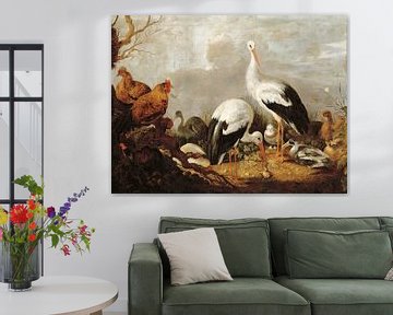 Storks, mallards, chickens, a heron, a frog and other birds in a river landscape, Melchior d'Hondeco