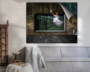 Fairy in forest that lets grape fly pictured on photo wallpaper by Ton Buijs