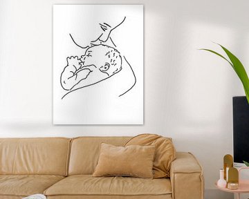 De liefde van een moeder (lijntekening kind portret pasgeboren baby kamer beige line art minimalisme van Natalie Bruns