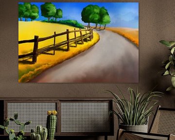 Painting of a landscape with a track along a fence