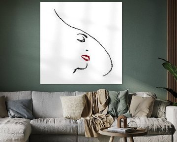 Stylish in white (line drawing portrait woman hat minimalism abstract line art mouth red lipstick by Natalie Bruns