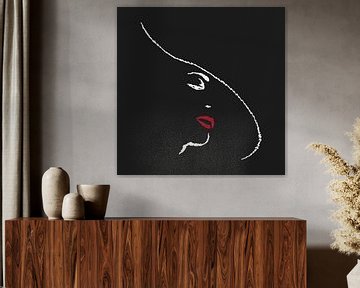 Chique in zwart (lijntekening portret vrouw hoed minimalisme abstract line art mond rode lippenstift van Natalie Bruns